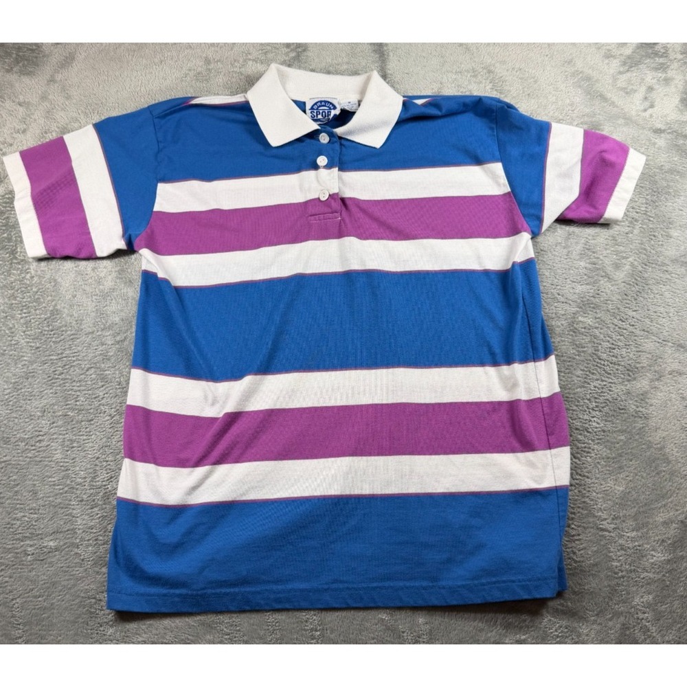 Vintage Braun Sport Polo Shirt Mens M Blue Purple White Stripe Hong Kong 80s 90s